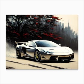 White Sports Car Driving Down The Road Canvas Print