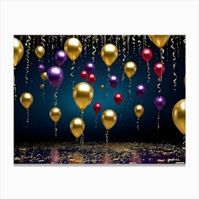 A Digital Art Illustration Of A Celebratory Scene With Golden And Purple Balloons And Confetti Floating In A Dark Blue Background Canvas Print