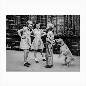 Children Playing With A Dog, Dog Eating Ice Cream, Black and White Vintage Old Photo Canvas Print