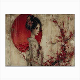 Geisha Grace: Elegance in Burgundy and Grey. Sakura Blossom Canvas Print
