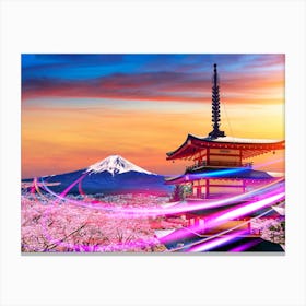 Neon city: Japan, Fuji mountain. Cherry blossoms, pagoda, sunset (synthwave/vaporwave/retrowave/cyberpunk) — aesthetic poster Canvas Print
