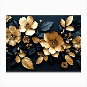 Gold Flowers On Black Background 7 Canvas Print