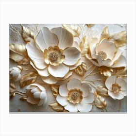 3d Art With Modern Flower Artwork In Gold And White Hues Canvas Print