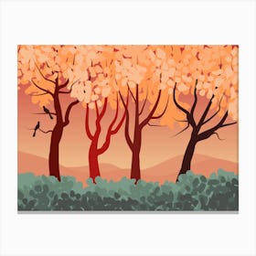 Landscape Nature Forest Trees Vegetation Stylized Birds Silhouettes Fall Design Sheets Afternoon Mountains Sky Canvas Print