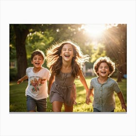 Happy Kids Running In The Park Canvas Print