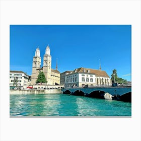 View Of Downtown Zurich, Grossmunster Cathedral And River Limmat Switzerland Canvas Print