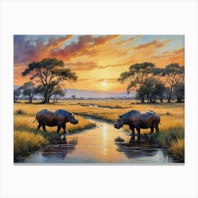 The Call of the African Wild Two Hippos At Sunset Canvas Print