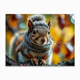 Close Up Of A Squirrel Adorned With A Knitted Hat And Scarf Perched On A Gnarled Branch Amidst The Canvas Print