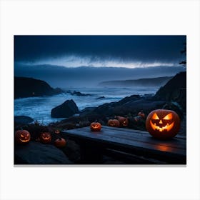 Coastline Celebration Captured At Dusk A Single Jack O Lantern With A Carved Face Glowing Eerily On (3) Canvas Print