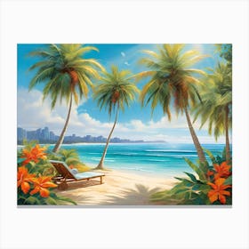 Beach Scene With Palm Trees Tropical  Canvas Print