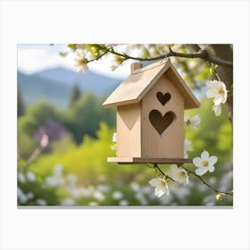 Birdhouse With A Heart Shape On The Apple Tree In Spring 1 Canvas Print