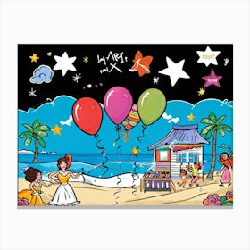 An Illustrated Idea Of A Birthday Party On The Beach Cartoon Valentine Balloons Hand Drawn Vector (1) Canvas Print