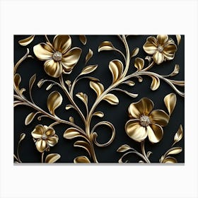 Elegant 3d Gold Floral Motif On Black 1 Canvas Print