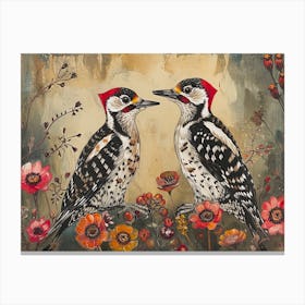 Floral Animal Illustration Woodpecker 3 Canvas Print