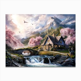 Mountain River and Cherry Blossom Painting #6 Canvas Print