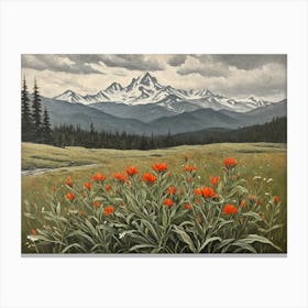 Vintage Oil Painting of indian Paintbrushes in a Meadow, Mountains in the Background 13 Canvas Print