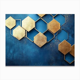 Geometric Hexagon Abstraction On Blue Background With Gold Accents 1 Canvas Print