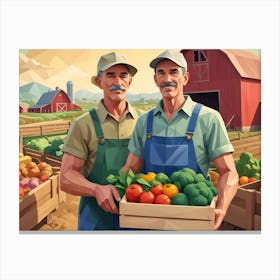 Two Farmers Holding A Crate Of Fresh Produce In A Field Canvas Print