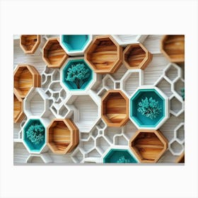 White Lattice And Turquoise Elements Combine With Dynamic Hexagons In An Oak Wood Canvas Print