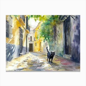 Cadiz, Spain   Cat In Street Art Watercolour Painting 3 Canvas Print