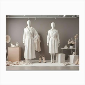 A Fashion Studio With Two Mannequins Dressed In White Dresses And Surrounded By Various Accessories, Such As Shoes, Bags, And Lamps 1 Canvas Print