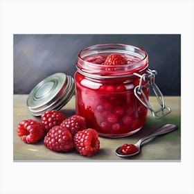 Jar Of Raspberry Jam With Raspberries And Spoon Canvas Print