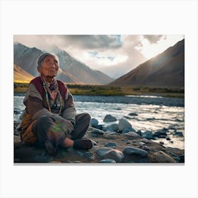 Shantiva zaga, an old thibetan buddhist monk meditate under the mountains Canvas Print