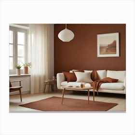 A Living Room Interior With A Brown Wall, White Couch, And Brown Accents, Creating A Warm And Inviting Atmosphere Canvas Print