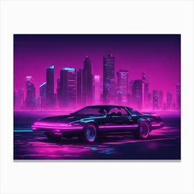 Car in Front of Miam Skyline in Cyberpunk Canvas Print