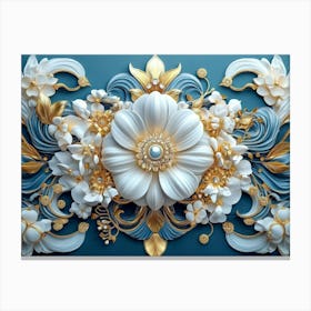 An Intricate 3d Artwork Illustration with A White and Blue Backdrop, Embellished with Gold Jewelry Canvas Print