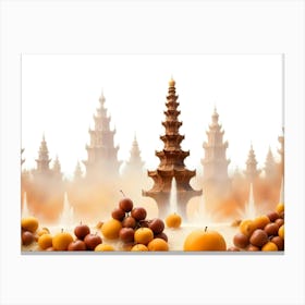 A Surreal Scene With A Wooden Pagoda In The Center Surrounded By A Misty Landscape And A Field Of Golden And Red Apples Canvas Print