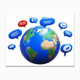 Blue Globe Three Dimensional Icon Designs Of A Speech Bubble And A Translator Symbol Fused Into The (2) Canvas Print