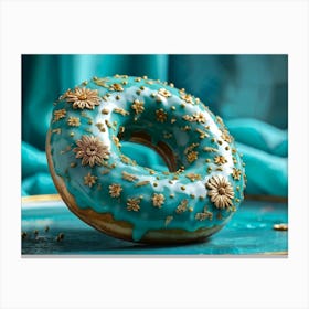 Turquoise Donut Adorned With Intricate Floral Patterns Circled By Gold Trim Captured From A Low An Canvas Print