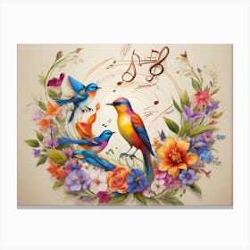 Pretty Singing Birds In A Flowers And Music Symbols Decoration - Color Illustration On White Background Canvas Print