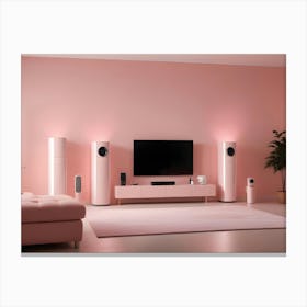 A Modern Living Room Interior With A Pink Sofa, Two Pink Floor Lamps, A Tv, And Two Plants Canvas Print