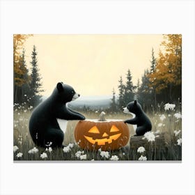 Black Bears With Pumpkins Canvas Print