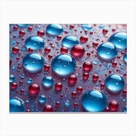 Close Up Image Of Water Droplets On A Surface, Featuring A Mixture Of Blue And Red Droplets Canvas Print