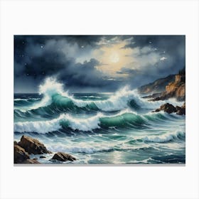 The Coastal Clash of Water and Stone Ocean Waves At Night Canvas Print