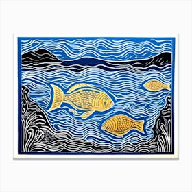 Linocut Fishes In The Sea Canvas Print