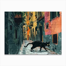 Naples, Italy   Cat In Street Art Watercolour Painting 1 Canvas Print