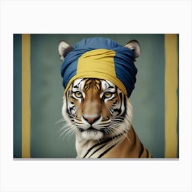 Portrait Of A Tiger Wearing A Blue And Yellow Turban Against A Teal Background Canvas Print