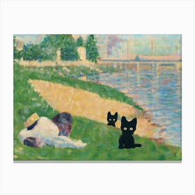 The Seine With Clothing On The Bank, Georges Seurat  Inspired Cat Canvas Print