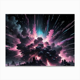 A Massive Explosion Of Vibrant Pink, Blue, And Purple Energy Engulfs A Futuristic City Skyline, Creating A Scene Of Destruction And Chaos Canvas Print