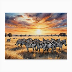 The Timeless Pulse of the Grasslands Zebras At Sunset Canvas Print