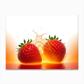 Two Red Strawberries Surrounded By A Splash Of Juice, On An Orange Background Canvas Print