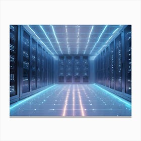 A Server Room With Rows Of Servers Illuminated By Blue And Pink Neon Lights Canvas Print