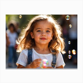 Little Girl Blowing soap Bubbles 1 Canvas Print