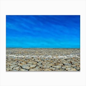 Cracked Earth Texture in Camargue. The image showcases a close-up view of cracked earth, revealing a network of intricate fissures and crevices. The dominant color is a muted gray, with subtle variations in shade and texture. The cracks are deep and pronounced, creating a sense of dryness and aridity. The overall mood is one of desolation and harshness, highlighting the effects of drought or lack of moisture. 2 Canvas Print