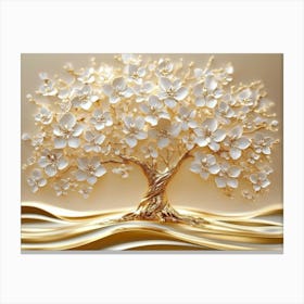 3d Art Golden Tree Life With White Flowers Canvas Print