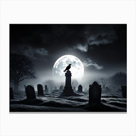 Full Moon Illuminating A Night Sky Clouded By Whispers Of Fog Gravestones Silhouetted Against The E Canvas Print